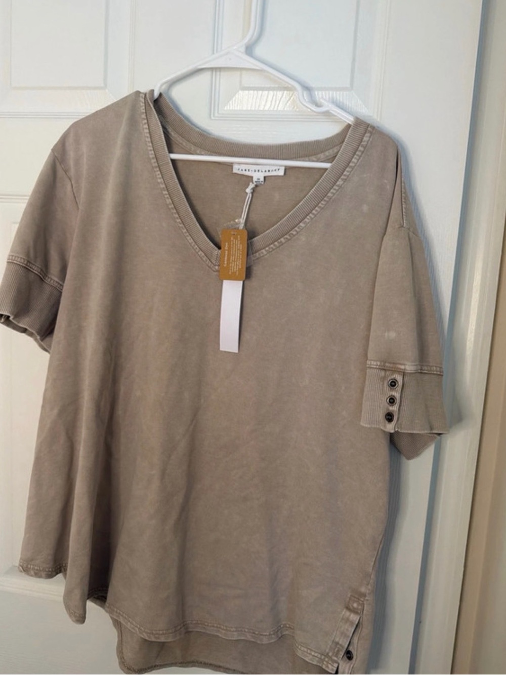 Jane and Delancey Washed Taupe V-Neck Short Sleeve Top
